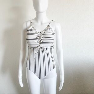 Cupshe Women's Size M White Black Stripe Crisscross Lace Up One Piece Swimsuit